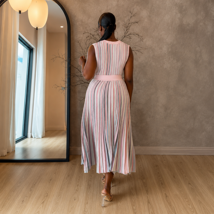 Women’s Color-Block Sleeveless Top & Striped Midi Skirt Set – African Style 2026