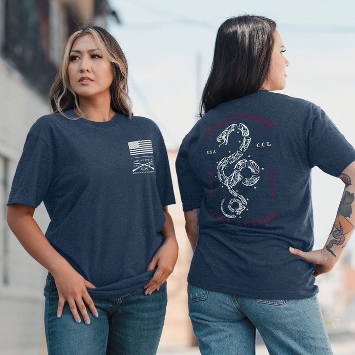 Two women wearing navy blue t-shirts with different designs on the front and back.