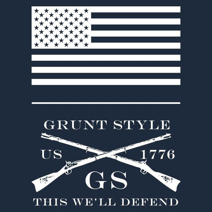 American flag with crossed rifles and 'Grunt Style' branding on a dark background