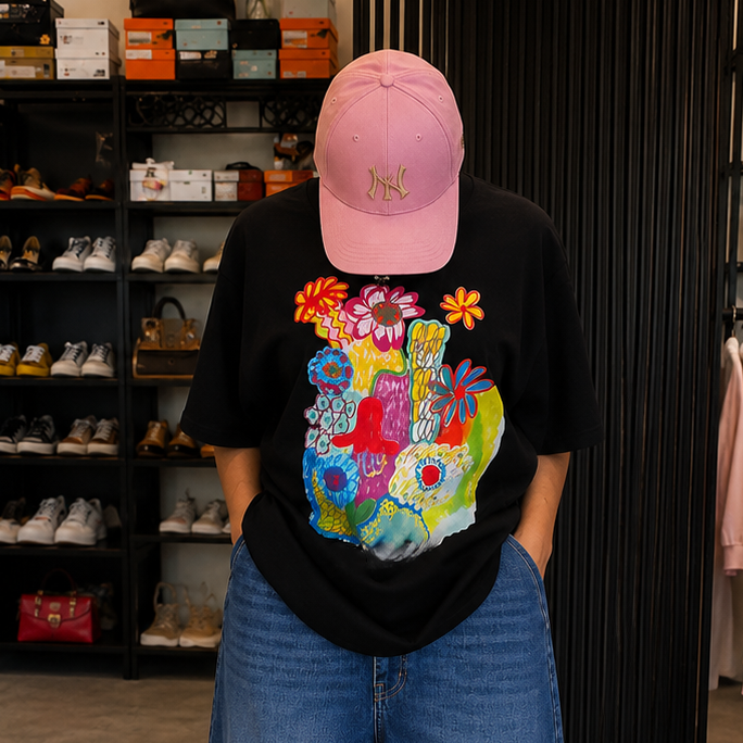Women’s Floral Hand-Painted Print Oversized T-Shirt – 230g Premium Cotton