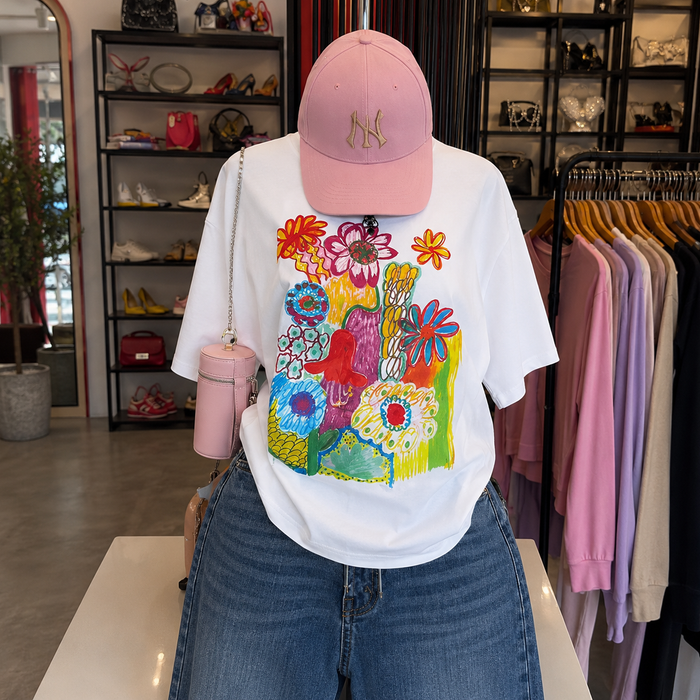 Women’s Floral Hand-Painted Print Oversized T-Shirt – 230g Premium Cotton
