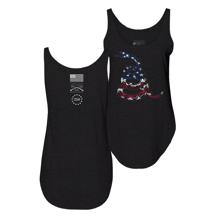 Two black tank tops with American flag designs on a white background