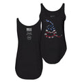 Two black tank tops with American flag designs on a white background