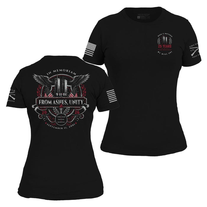 Black short-sleeve commemorative T-shirt shown from both front and back on a white background. The front has a small chest graphic reading 25 Years of Vigilant Support by Peace Keepers, and the back has a large eagle-and-shield memorial design with 'From Ashes Unity' and date 9/11/2001.