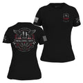 Black short-sleeve commemorative T-shirt shown from both front and back on a white background. The front has a small chest graphic reading 25 Years of Vigilant Support by Peace Keepers, and the back has a large eagle-and-shield memorial design with 'From Ashes Unity' and date 9/11/2001.