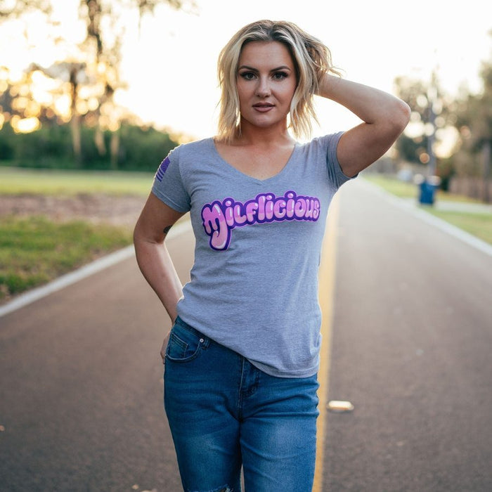 Grunt Style Women's Milflicious V-Neck T-Shirt - Heather Gray