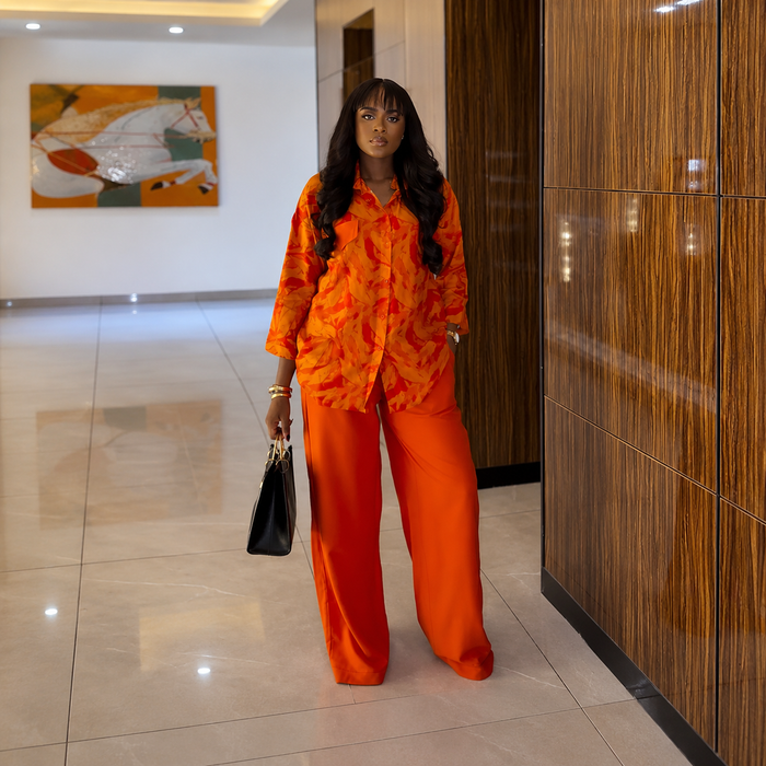 Women’s Printed Lapel Shirt & High-Waisted Straight-Leg Pants Set – Autumn 2025