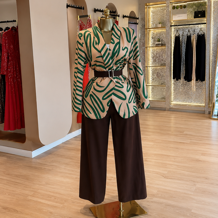 Women’s Printed Suit Collar Top & Wide-Leg Pants Set – Spring/Autumn 2026