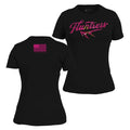 Black short-sleeve women's T-shirt shown from the front and back on a white background. The front has a large pink script graphic reading 'Fluntress' with a pink and yellow bird motif, and the back has a small pink American flag graphic with 'FLUNTRESS' beneath it.