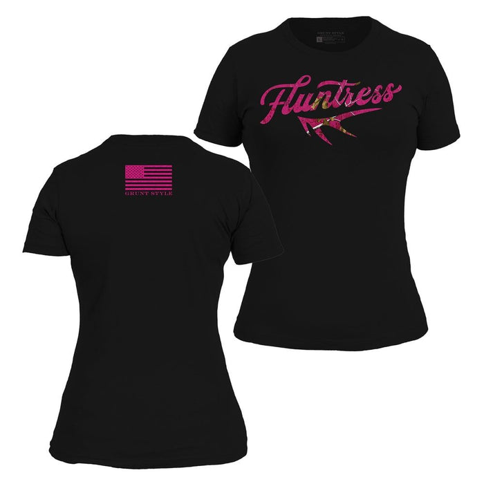 Black short-sleeve women's T-shirt shown from the front and back on a white background. The front has a large pink script graphic reading 'Fluntress' with a pink and yellow bird motif, and the back has a small pink American flag graphic with 'FLUNTRESS' beneath it.