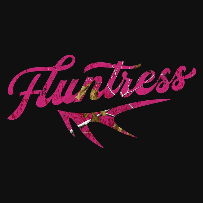 A stylized pink script wordmark reading "Fluntress" with a matching abstract arrow-like graphic beneath it, shown on a solid black background.