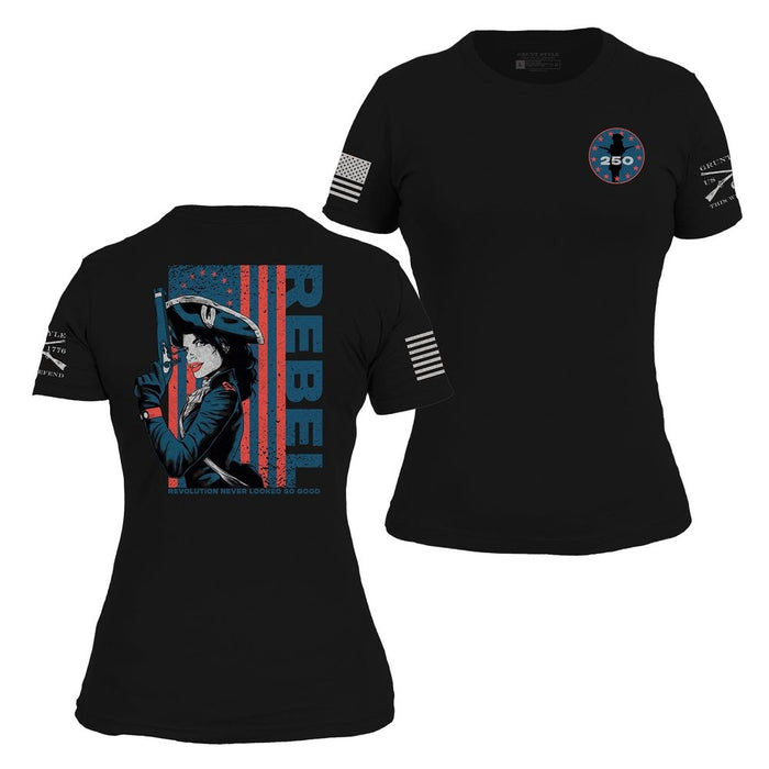Black t-shirt with graphic designs on front and back, featuring an American flag and a character holding a flag.