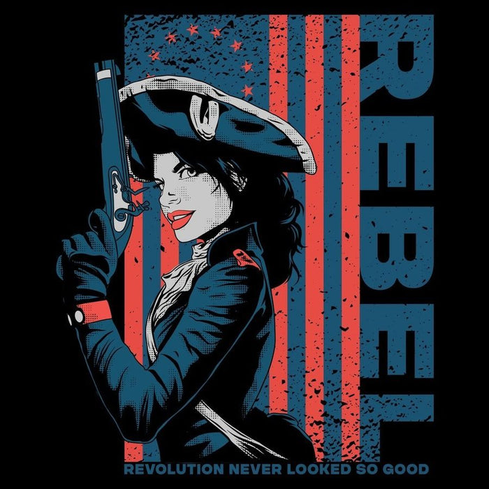Illustration of a woman holding a gun with an American flag and 'REBEL' text in the background.