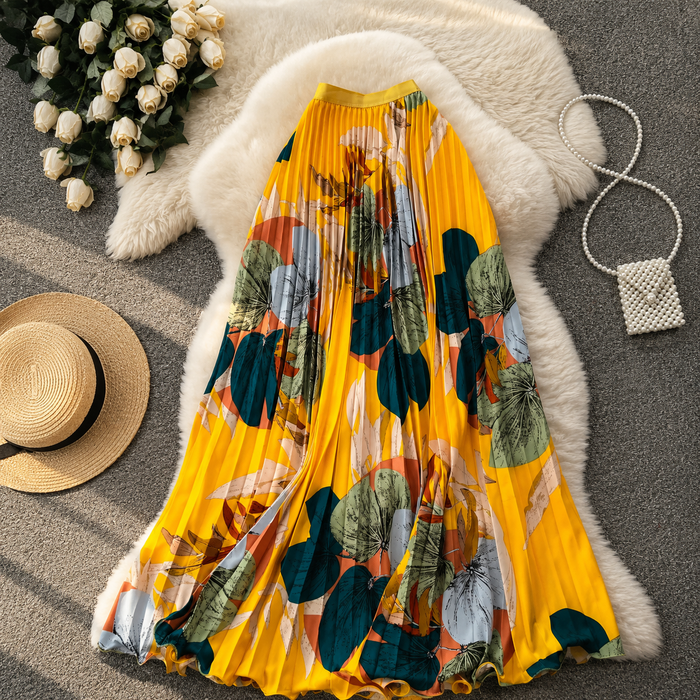 Women’s Retro Printed Pleated High-Waist A-Line Skirt – Summer 2026