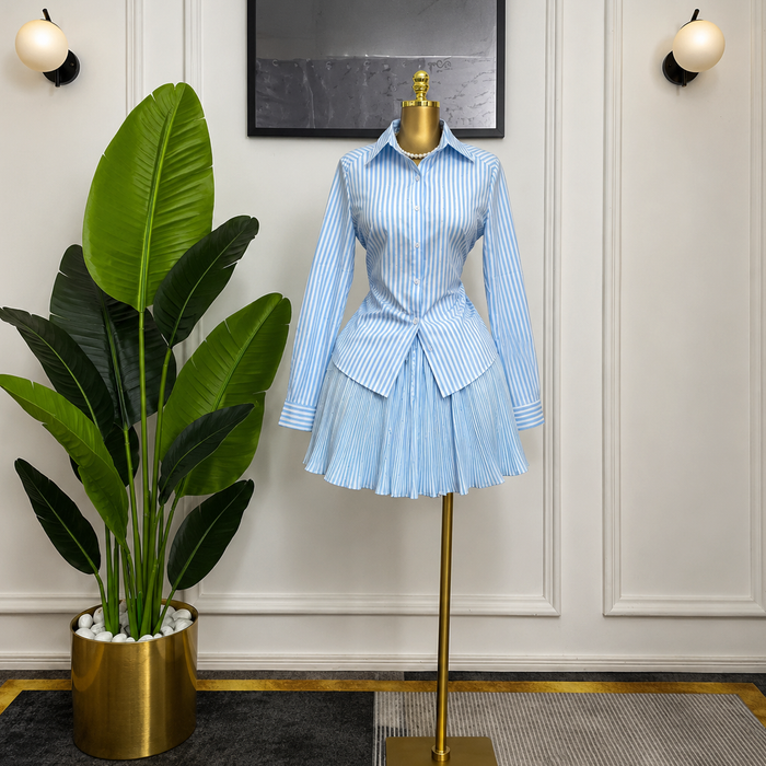 Women’s Rhinestone Striped Shirt & Pleated Skirt Set – Summer 2026