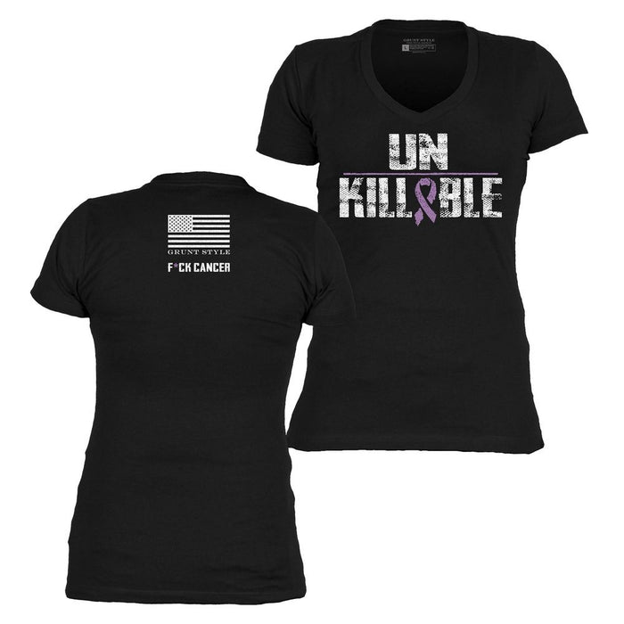 Black t-shirt with 'UNKILLABLE' text and cancer awareness design on a white background