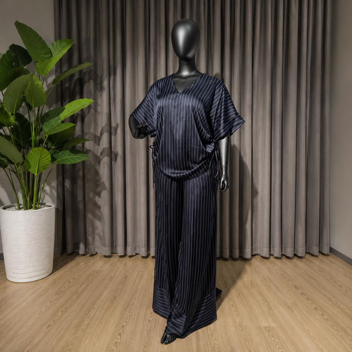 Women’s V-Neck Drawstring Striped T-Shirt & Wide-Leg Pants Set – Summer 2026
