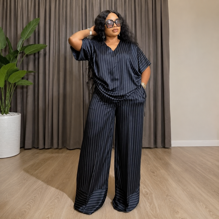 Women’s V-Neck Drawstring Striped T-Shirt & Wide-Leg Pants Set – Summer 2026