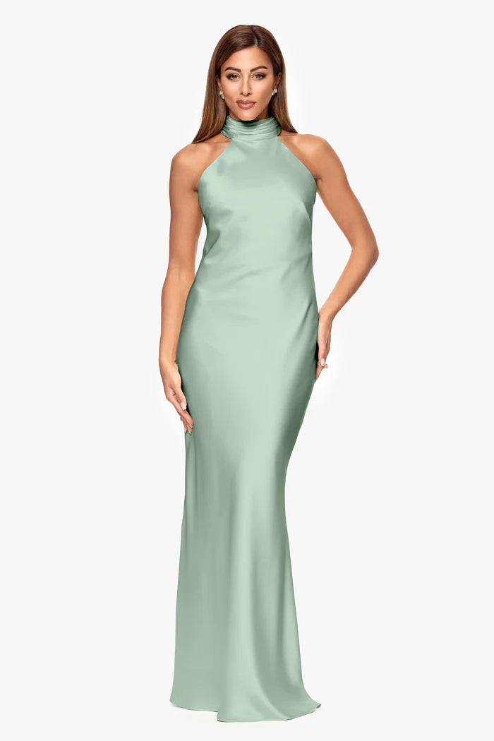 Xscape Evenings "Ruth" Satin High Tie Neck Dress 6765X
